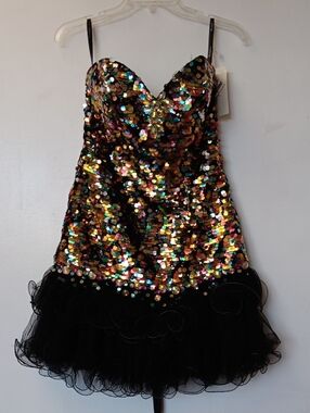 Show Stopping Women's Black Multicolor Sequin Mini Dress - Strapless Style